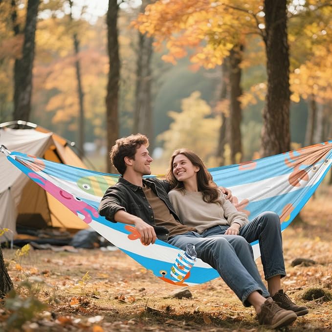 Blue White Striped Sea Animal 330lb Capacity Camping Hammock with Hanging Rope Hanging Hammock for Patio Backyard Lounge Base hamaca para acampar