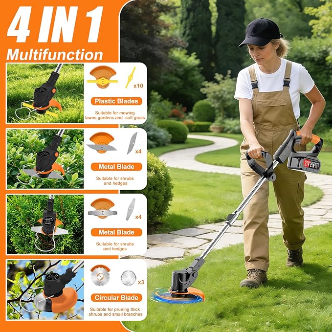 Electric Cordless Weed Wacker, 21V Electric Weed Wacker Eater with Battery Charger, 3 in 1 Grass Trimmer with 4 Types Blade, Lightweight Adjustable Design for Lawn, Yard