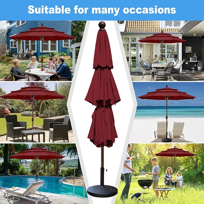 Eurmax USA 10-Year-Non-Fading 10FT 3-Tier Outdoor Patio Market Umbrella,UPF50+ UV Resistant,Heavy Duty Commercial Grade,Crank Lift Design,Windproof Vented Top for Garden,Pool,Deck,Burgundy