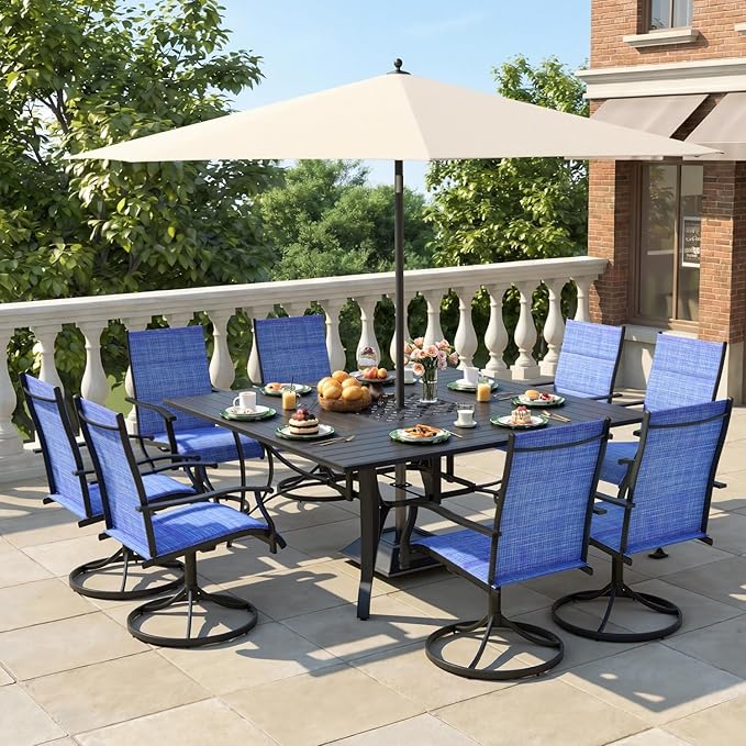 9 Pieces Patio Table and Chairs Set, 59.6" Square Dining Table with Umbrella Hole, 8 High Back Textilene Swivel Chairs,Dining Table Set for 8,Outdoor Furniture for Porch Deck Yard Balcony, Blue