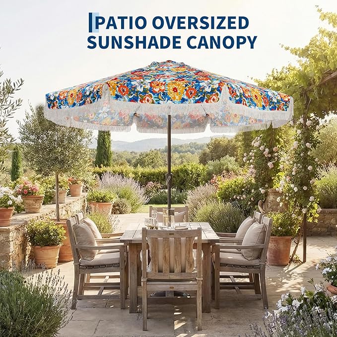 PeakPursuit 9 ft Patio Umbrella with Fringe, Tassel Outdoor Beach Umbrella for Sand with Push Button Tilt, 8 Fiberglass Ribs, UV 50+ Sun Protection for Garden, Pool, Backyard, Deck