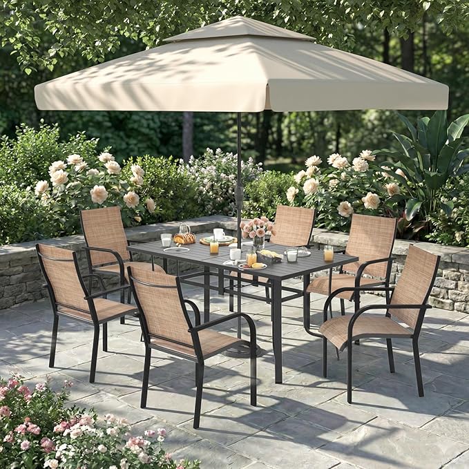 7 Pieces Patio Table and Chairs Set, 63" Metal Dining Table with Umbrella Hole & 6 Textilene Fixed Chairs, Dining Table Set for 6, Outdoor Furniture for Porch Deck Backyard Balcony, Brown