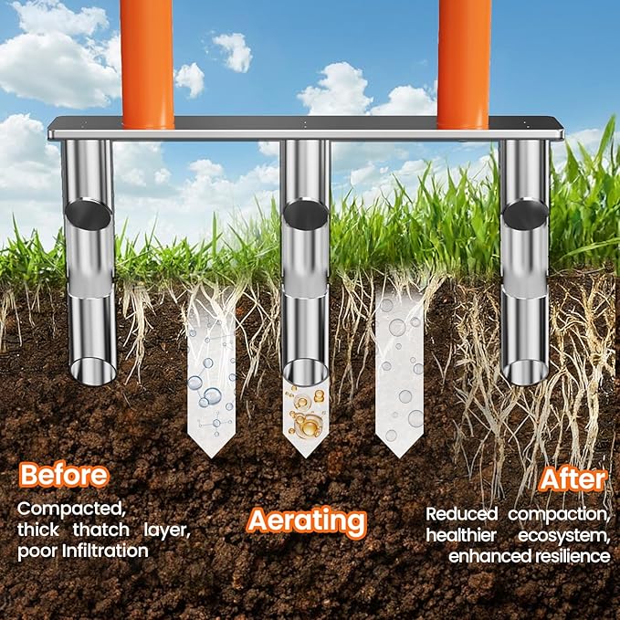 Lawn Aerator, Stainless Steel Lawn Aerator Tool with 3 Hollow Tines, Yard Grass Soil Core Aerator, Manual Lawn Plug Aerators, Core Aeration Tool for Lawn Garden Compacted Soil (Orange)