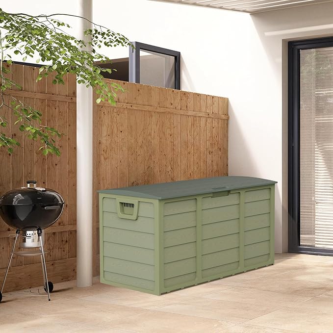 SUNCROWN 75 Gallon Deck Storage Box Resin Outdoor Storage Container with Handles for Patio Garden Yard Porch, Green