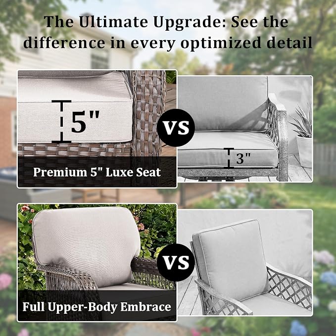 8 PCS Patio Furniture Set Outdoor Sectional Sofa Couch with Rocking Swivel Chairs 5" Deep Seat Chairs, Modern Wicker Rattan Conversation Set, Beige/Brown Wicker