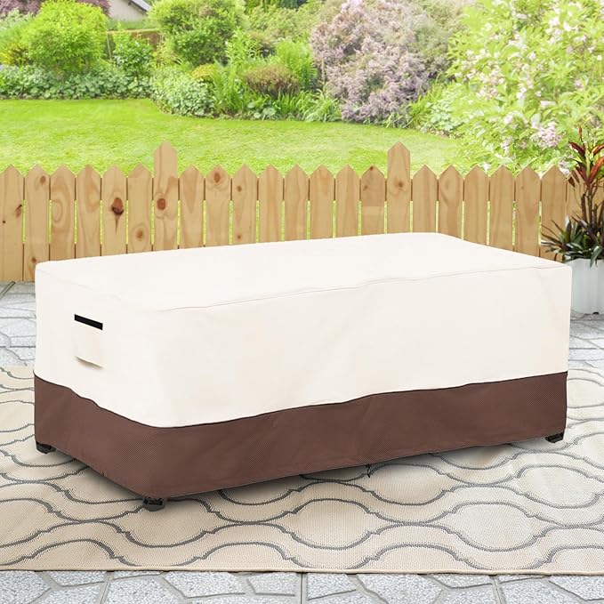Outdoor Coffee Table Cover Waterproof - 600D Heavy Duty Outdoor Tables Cover,Patio Rectangular Side Table Covers,UV & Weather Resistant(28" Dx48 Lx16 H,Beige&Brown)