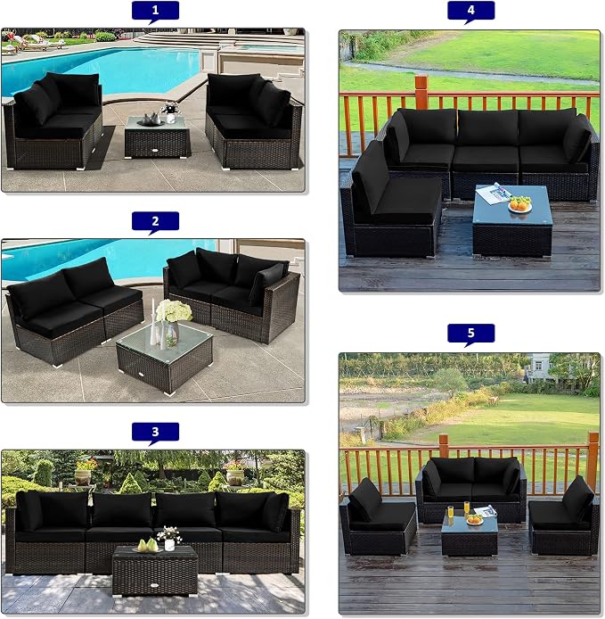 DORTALA 5 Pieces Patio Furniture Set, Outdoor Rattan L-Shaped Corner Sofa Set with Cushions, Coffee Table, Patio Sectional Conversation Set for Backyard Porch Garden Poolside, Black