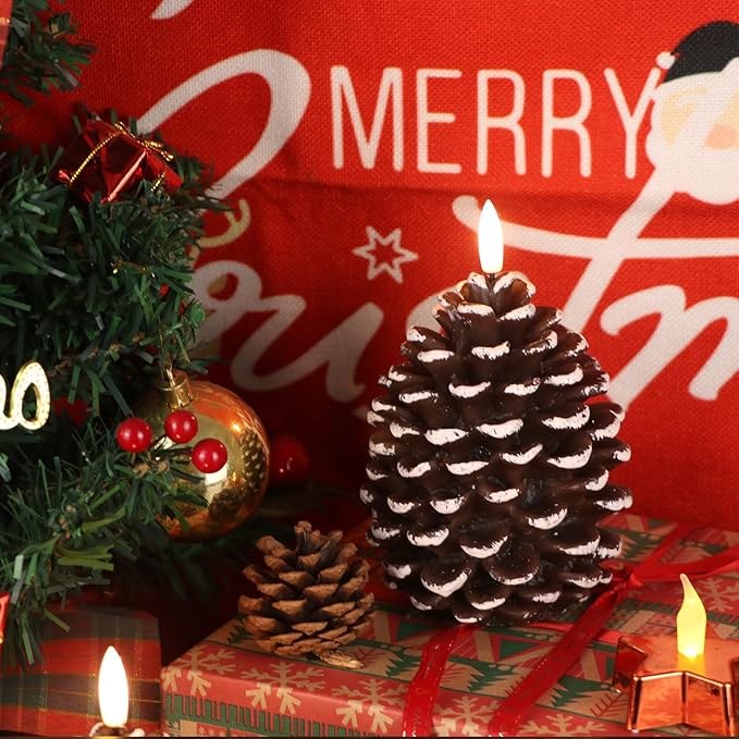 LED Flameless Pinecone Candles with 6H Timer, Waxy Pillar Candles, Christmas Candle 2 Pack Flickering Acorn Decor Woodsy for Fall Christmas Decor(Brown, 3.5 x 6 Inch)