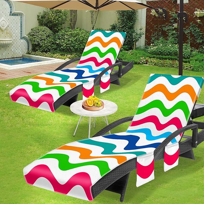 Lounge Chair Towel Cover, Chaise Lounge Cover (Pack of 2), Beach Chair Covers with 3 Pockets for Pool Beach Garden Courtyard Outdoor Trips, 85 x30 in, Wavy Striped Colourful Blue Red