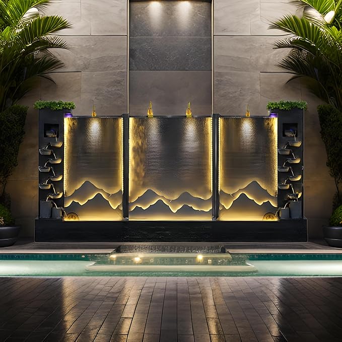 81.9 Inch Cement Concrete Fountain with LED Light for Indoor, Outdoor Decoration, Garden, Balcony, Housewarming Gift, Home Delivery(Left+Middle+Right)