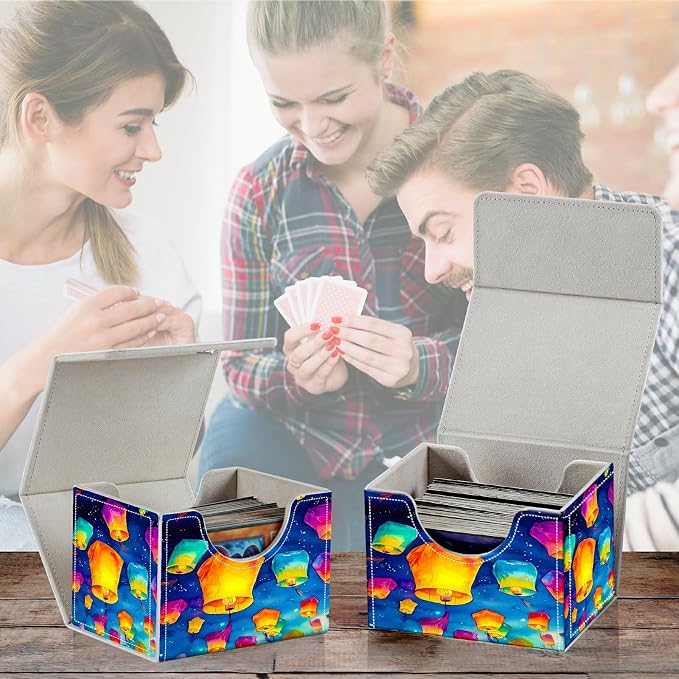 Card Deck Box for MTG, Cards Storage Box Fits 120+ Sleeved, Leather Small Size Strong Magnetic Closing Card Case for Board Games Magic TCG CCG Baseball Collection, Blue Lantern