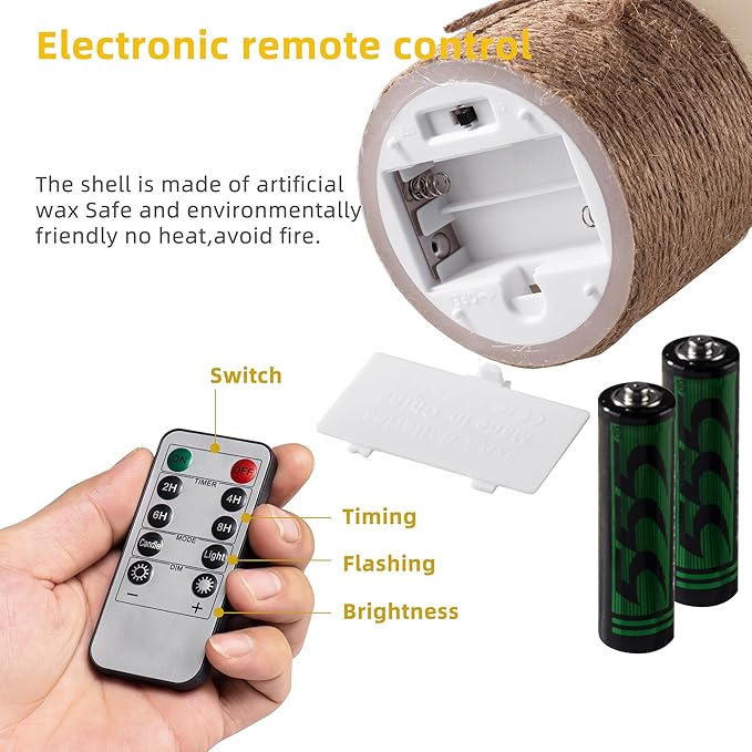 AKU TONPA Flameless Candles Battery Operated Pillar Real Wax Electric LED Candle Gift Set with Remote Control and Timer, 4" 5" 6" Pack of 3 (Ivory Wax with Hemp Rope)