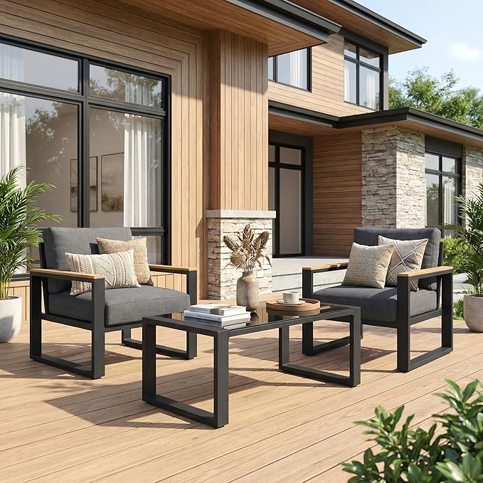 RoyalCraft Aluminum Outdoor Patio Furniture Set with Height-Adjustable Footrest, 3 Pieces All-Weather Patio Sofa Sets with Coffee Table for Porch Backyard Garden Patio, Grey