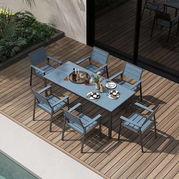 7-Piece Patio Dining Set, Aluminum & HDPE Outdoor Table and Chairs, Weather-Resistant All-Season Backyard & Deck Dining Furniture with 2" Umbrella Hole (Navy)