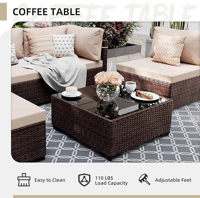 UPHA 5 Pieces Patio Furniture Sets, Wicker Outdoor Sectional Sofa Couch with Coffee Table, Patio Conversation Set for Deck Backyard Garden, Brown Rattan, Beige Cushion