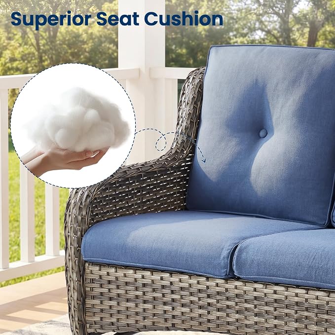 Patio Loveseat Sofa, Outdoor Wicker Loveseat with Luxury Thick Cushion, All-Weather Patio Furniture Set, Outdoor Glider Bench for Garden Balcony Backyard(Grey Wicker/Blue Cushion)