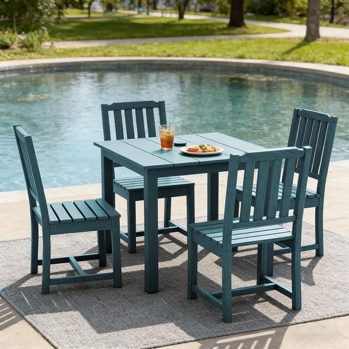 LOUNZY 5 Piece HDPE Outdoor Table and Chairs Set for 4, Heavy Duty,Navy | 4 person HDPE outdoor table and chairs set, wood-look, 304 stainless steel hardware, strong and stable for daily patio