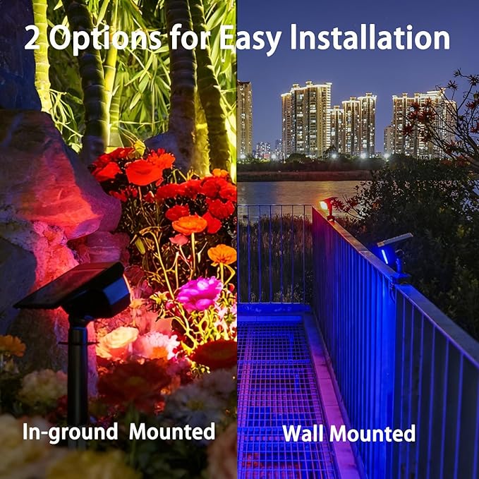 Solar Spot Lights Outdoor 2 Pack, RGB Color Changing & Warm White, 2-in-1 Stake & Strap Mounted Solar Lights, IP65 Waterproof, Auto On/Off Landscape Lighting for Garden, Yard, Tree, Wall