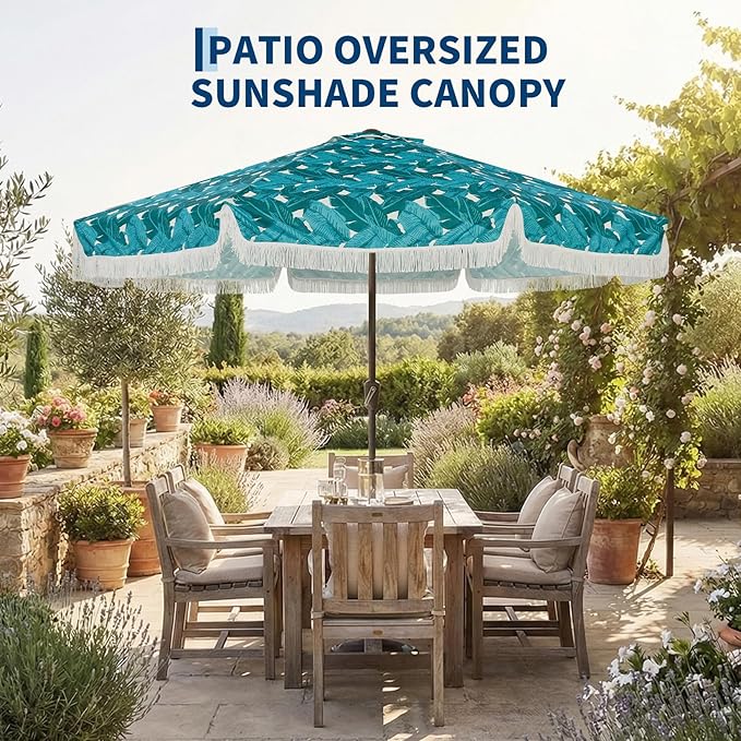 PeakPursuit 9 ft Patio Umbrella with Fringe, Tassel Outdoor Beach Umbrella for Sand with Push Button Tilt, 8 Fiberglass Ribs, UV 50+ Sun Protection for Garden, Pool, Backyard, Deck