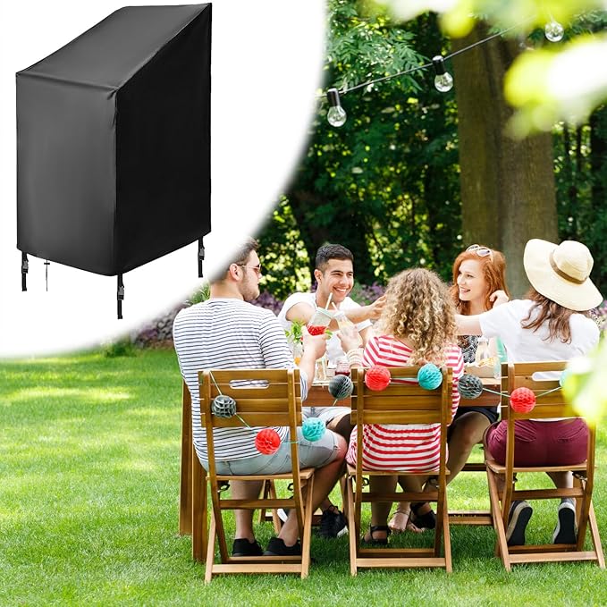 QWORK Patio Chair Covers, 2 Pack Waterproof High Back Chair Covers, 4-6 Stackable Outdoor Chair Covers, Black