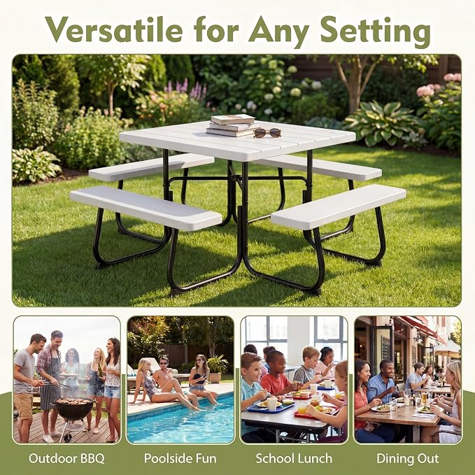 GYMAX Picnic Table Bench with Umbrella Hole, 8 Person Square Outdoor Picnic Table with Metal Frame & HDPE Tabletop, Camping Table for BBQ Yard Patio, 2300LBS Capacity (White)