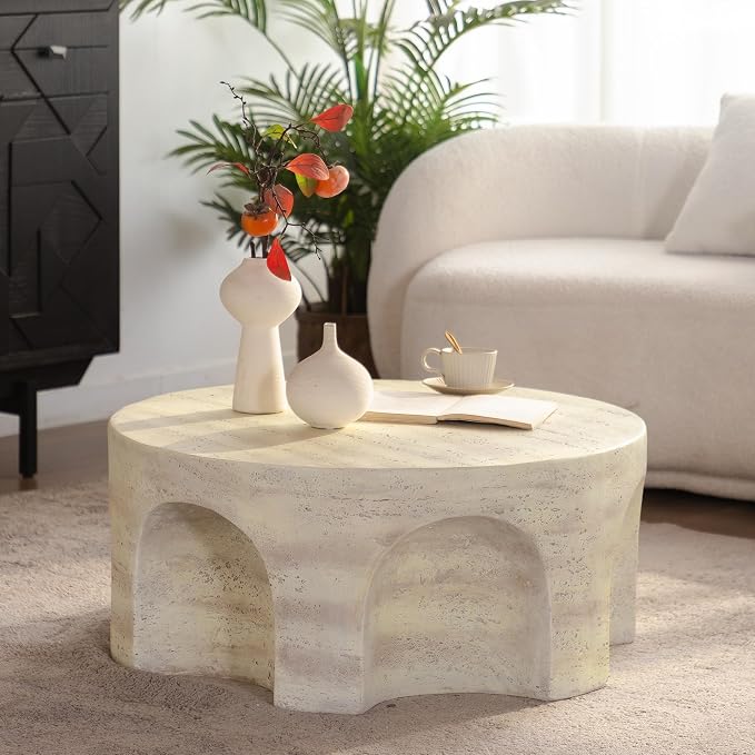 Round Marble Coffee Table 31.5" Faux Stone Coffee Table for Living Room, Modern Travertine Center Table, Magnesium Oxide, No Assembly, Beige