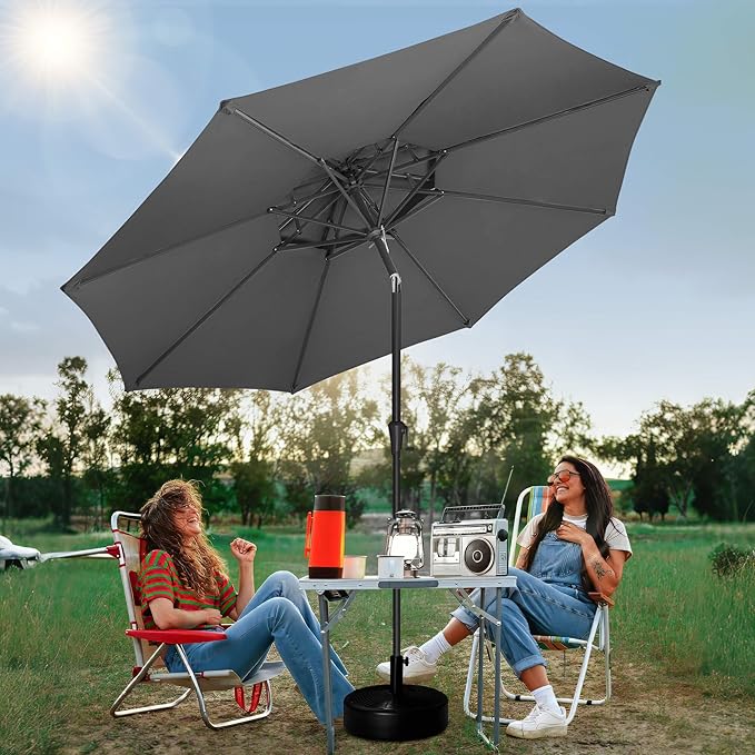 FLAME&SHADE 2 Tiers 9ft Solar Light Patio Umbrella, 40 LED lights outdoor umbrella with Centre Surround Light, Table Market Umbrella for Deck, Pool, Porch, Backyard, Garden (Anthracite)
