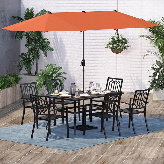 Sophia and William 8 Piece Patio Dining Set for 6 with 13ft Double-Sided Patio Umbrella, Metal Outdoor Table Furniture Set with 6 Outdoor Chairs, 1 Rectangle Dining Table and 1 Orange Red Umbrella