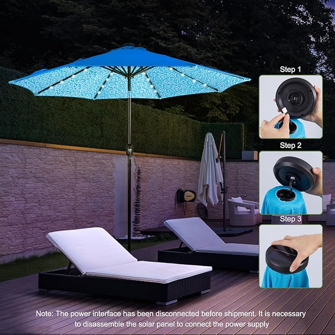 Backyard Expressions 9FT Solar Patio Umbrella with 32 LED Lights, UPF50+ UV Protection, Fade-Resistant Fabric, Easy Tilt & Crank, Outdoor Umbrella for Patio, Deck & Pool (Base Not Included)