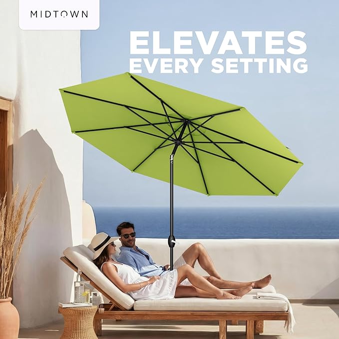 Midtown Umbrellas – The Lean 9 Ft Patio Umbrella with 10-Year-No-Fade Acrylast Acrylic Fabric, Auto-Tilt and 8 Reinforced Ribs for Deck, Pool, Garden, Hotel & Cafes – Green Tropic Canopy, Black Pole