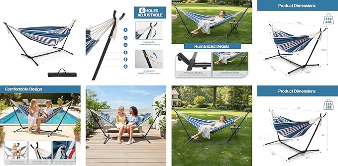 Double Hammocks with Stand for Outside,9FT Hammocks with Carrying Bag for 2 Person,Portable Space Saving Heavy-Duty Steel Stand for Indoor Outdoor Patio Yard,Easy Assembly (Blue & Purple)