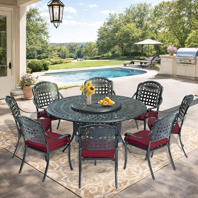 VIVIJASON 9-Piece Outdoor Furniture Dining Set, Rust-Free Cast Aluminum Patio Conversation Set, Include 8 Cushioned Chairs & 61" Round Dining Table with 31" Lazy Susan, Umbrella Hole, Red