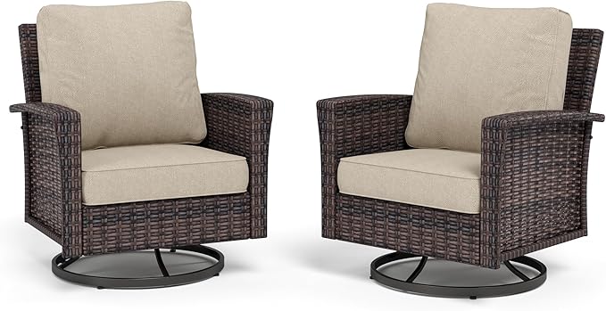 Swivel Patio Wicker Chairs Set of 2, High Back Outdoor Swivel Patio Rattan Chairs with 5.5" Thick Cushions for Bistro Balcony Porch Deck and Yard, Beige