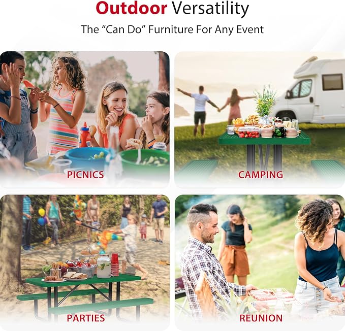 Leisure Craft Metal Picnic Table with Bench - 6 ft Rectangle Outdoor Dining Table for 6, Umbrella Hole, Weatherproof Heavy Duty Thermoplastic Coating, Commercial Grade Furniture Made in USA - Green