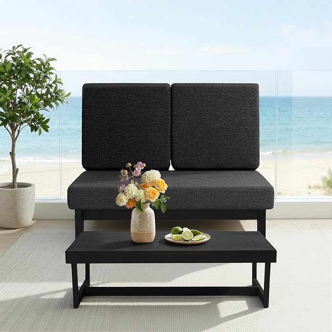 UIXE All Weather Patio Furniture Sets, 4 Pieces Black Wood Outdoor Sectional Futniture Patio Sofa Chair Backyard Conversation Set with Solid Wooden Coffee Table - Dark Gray