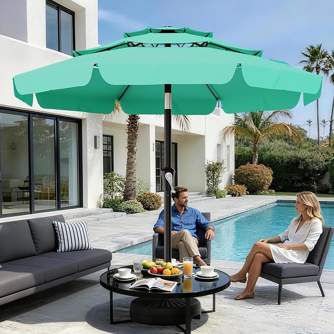 AreShark 9FT 3-Tiers Patio Umbrella with Valance, Outdoor Umbrellas with Crank/Tilt, Table Market Umbrella Vented w/ 8 Sturdy Ribs for Garden, Deck, Backyard, and Pool, Aqua Sky