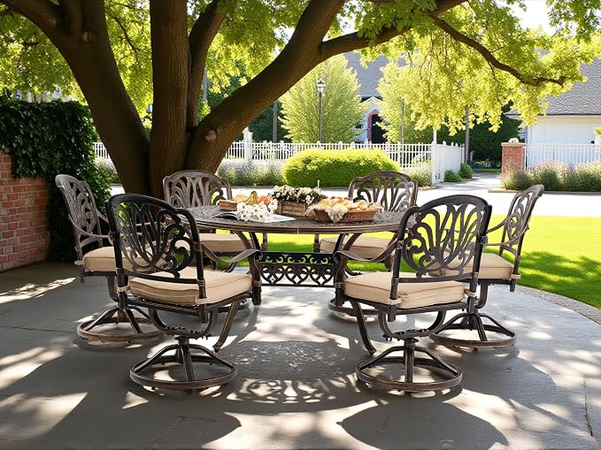 Outdoor Dining Set Cast Aluminum Retro Patio Dining Set with Thicker Cushion and Umbrella Hole for Patio Deck (Bronze Swivel Chair(Elizabeth), 7 Pcs(54" Round Table))