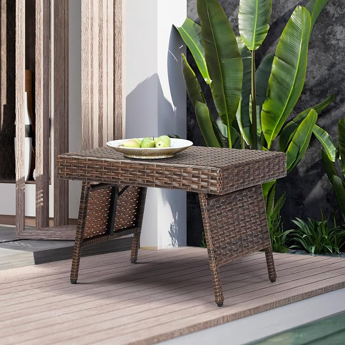 Rattan Folding Patio Side Tables for Outside, Portable & Lightweight Compact Foldable Wicker End Table Small Coffee Table for Poolside Lawn Garden Balcony