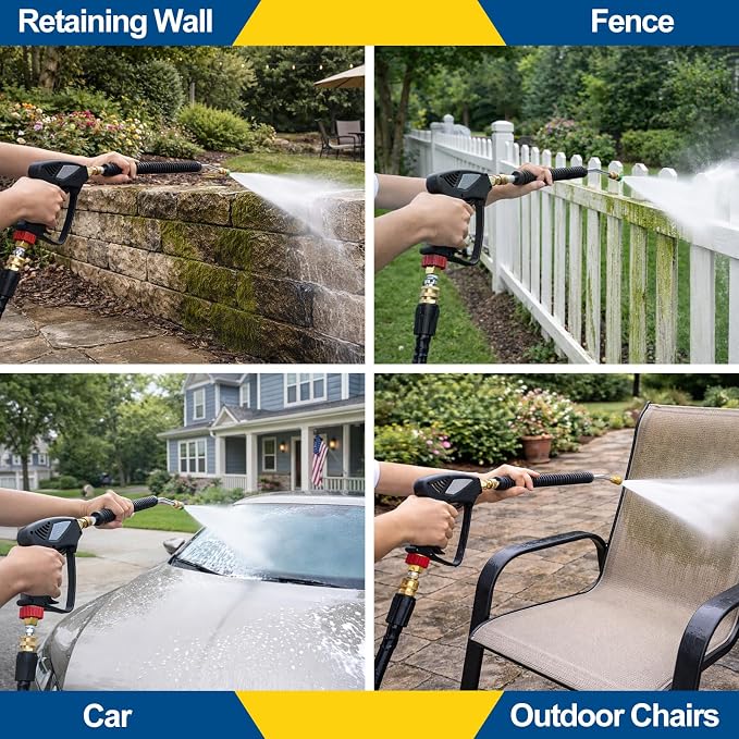 TOOLCY Pro Pressure Washer Gun and Wand, 5000 PSI High Pressure Washer Gun with 18" Curved Extension Wand, 360° Swivel, 1/4" Quick Connect Outlet, Includes 3/8" QC to M22-14mm Adapter & 5 Nozzle Tips