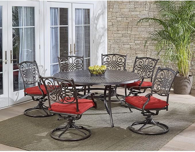 Hanover Traditions 7-Piece Patio Dining Set with 60" Round Cast-Top Table and Swivel Rockers with Autumn Berry Cushions, Patio Dining Set for 6, Premium Weather Resistant Outdoor Dining Set