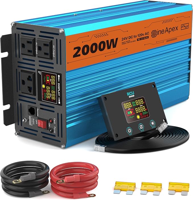 2000 Watt Inverter Pure Sine Wave DC 24V to AC 120V Power Inverters, Car Inverter Solar Power Inverters for Vehicles Home with LCD Display and 2.4A USB Charging Ports,with 3 AC Charger Outlets