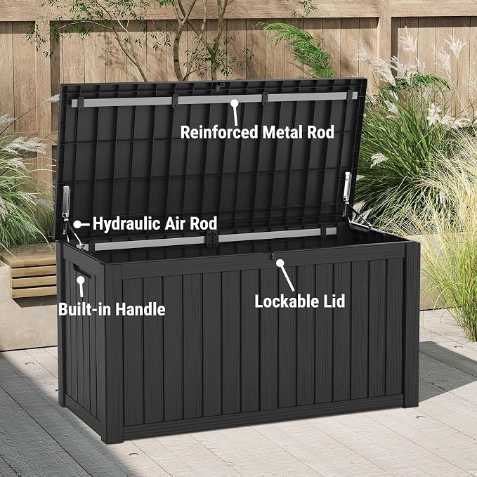 Mars Villa 150 Gallon Outdoor Storage Box, Large Resin Deck Box Waterproof, for Pool Supply Storage, Outdoor Patio Furniture Cushion, with Hydraulic Hinge, UV-Resistant and Weatherproof, Black