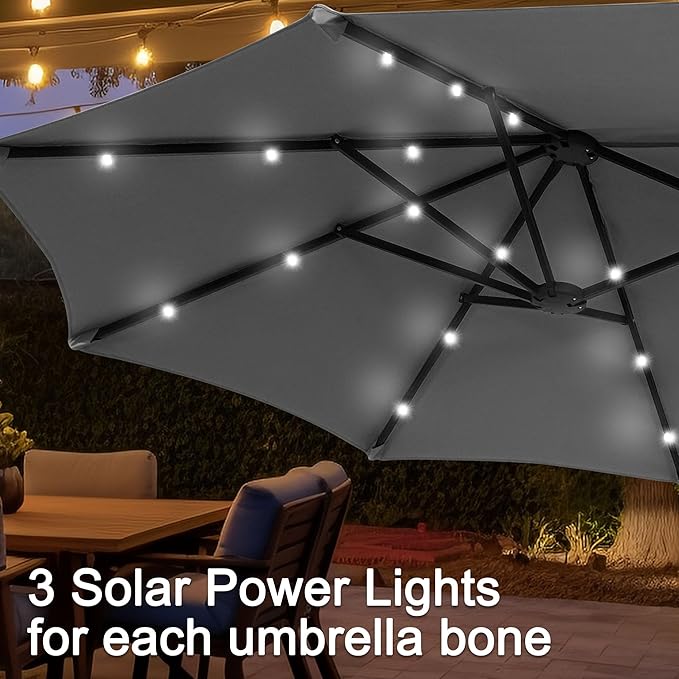 13 ft Patio Umbrella with 36 LED Lights, Large Rectangle Outdoor Solar Umbrella with Matching Base, Strap, Crank, Grey
