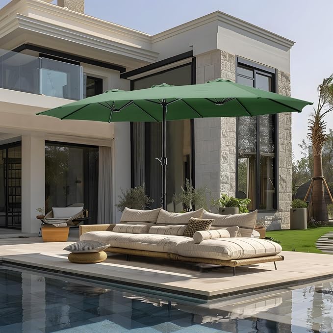 GREEN PARTY 15 ft Rectangular Patio Umbrella with Base Included, Large Double-Sided Outdoor Table Umbrella with Crank, 1.9" Pole UPF 50+ UV Resistant for Pool Deck Backyard Garden, Mint Green