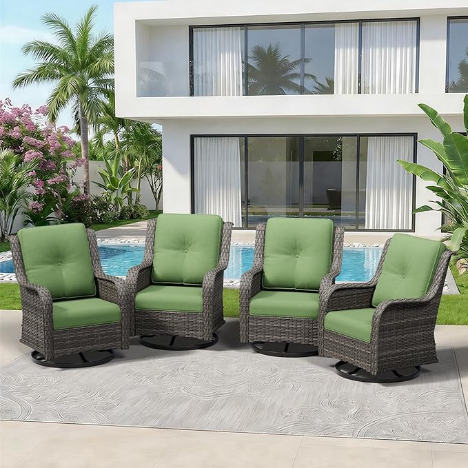 4 Piece Outdoor Swivel Rocker Patio Chairs Set, Patio Chairs Set of 4 with Thickened Olefin Cushions, High Back and Deep Seating, Hand-Woven PE Rattan for Porch, Deck, Green