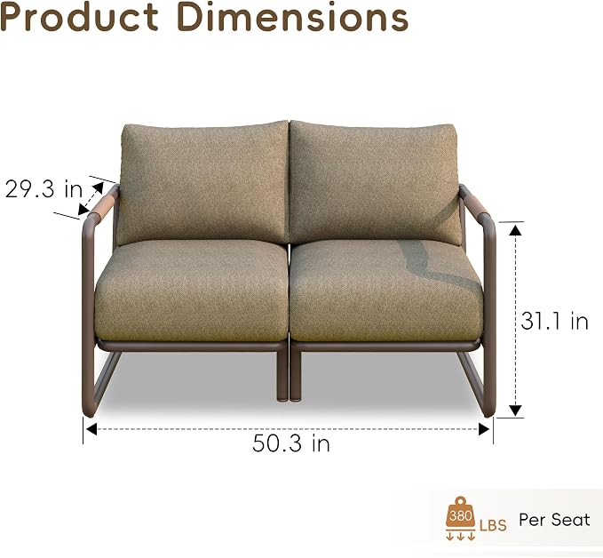 2-Seater Outdoor Aluminum Loveseat with Cushions, Patio Sofa for Balcony, Deck, Backyard, Garden, Deep Seating Couch for Conversation & Relaxation, Brown