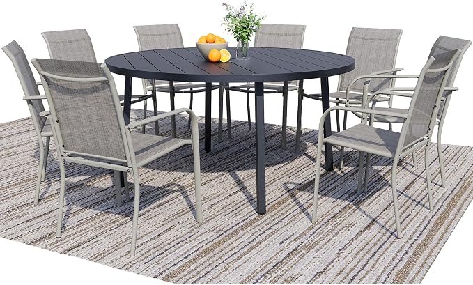 9 Pieces Patio Dining Set for 8, Grey Patio Stackable Chairs and Black Round Table Set of 8, Outdoor Furniture Set with Sling Support for Outside, Garden