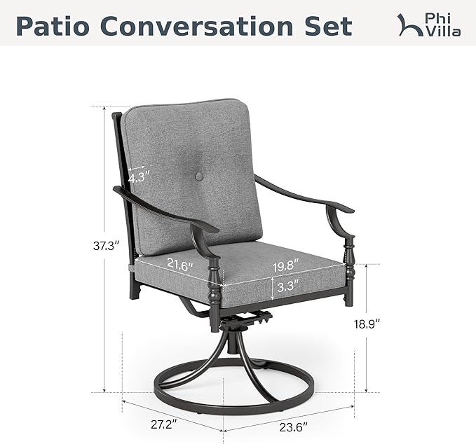PHI VILLA Outdoor Steel Swivel Dining Chairs Set of 2, Heavy-Duty Rustproof Black Wrought Iron Armchairs with Thick Cushions, Large Seating Furniture for Patio, Deck, Backyard, Porch