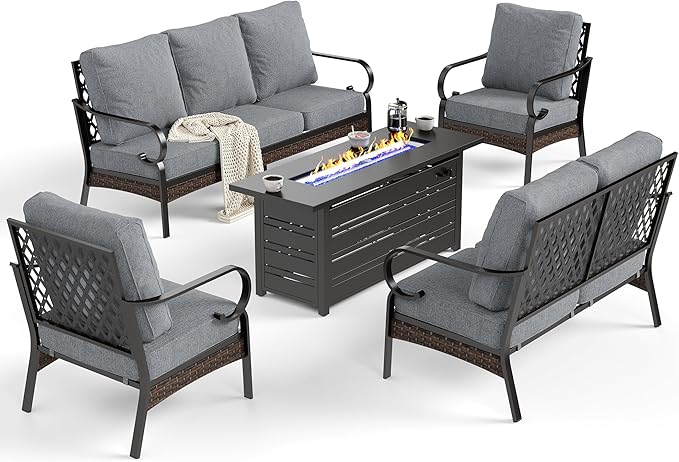 5 Piece Metal Outdoor Patio Furniture Sets with Firepit Table, Patio Conversation Sets 1 3-Seater Sofa, 1 2-Seater Loveseat, 2 Single Sofa with 5.75" Cushion for Backyard Deck, Gray