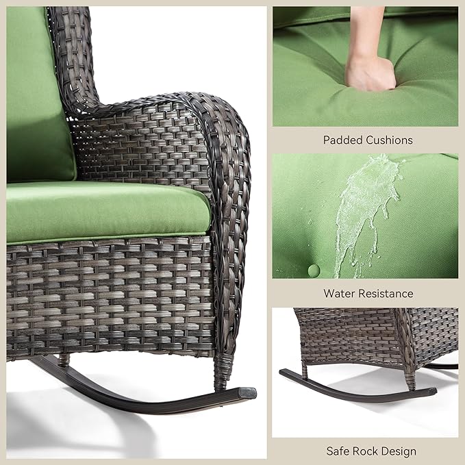 Outdoor Wicker Patio Rocking Chair - All-Weather Lawn Rocking Wicker Furniture with Alloy Steel Frame & Premium Fabric Cushion, Green